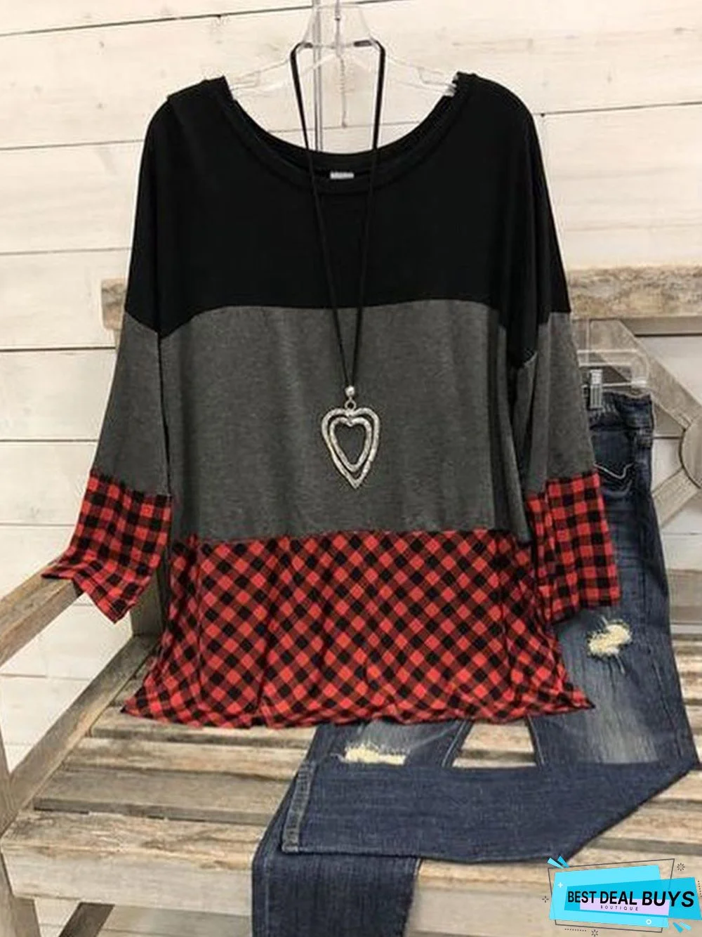 Red Casual Long Sleeve Checkered/plaid Top