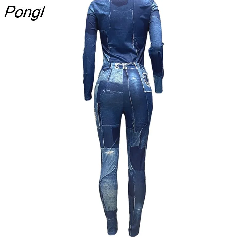 Pongl Imitation Denim 2PC Autumn Winter Mixed Print Drawstring Pants Set Women Fashion Streetwear Casual Leisure Pocket Design Suit
