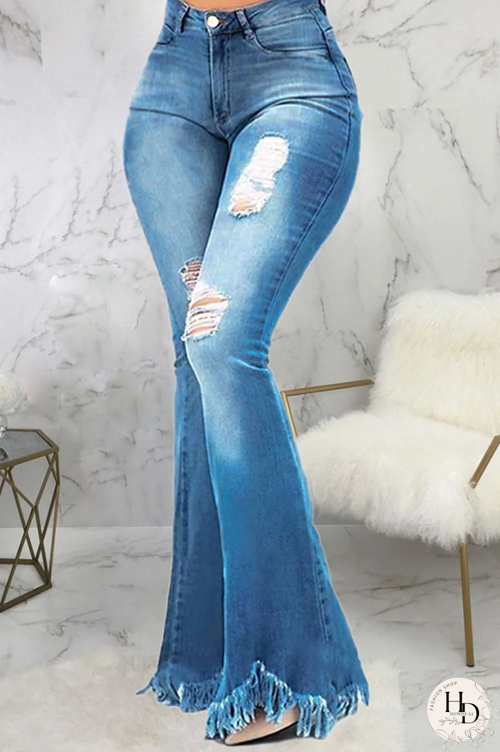 Blue Broken Holes Flared Denim