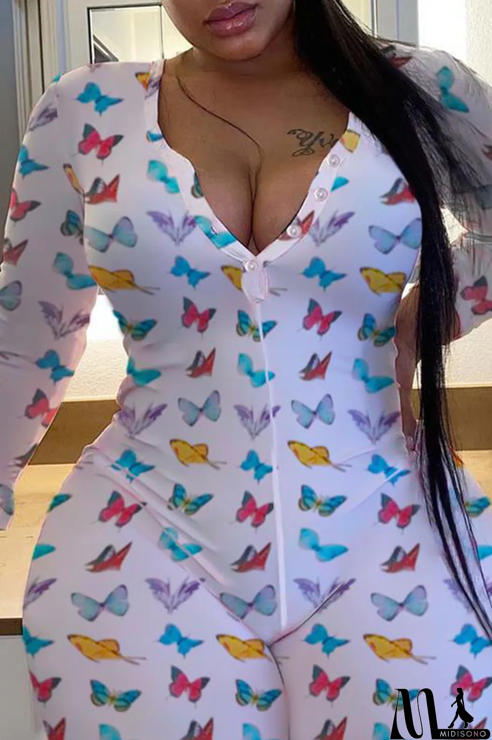 MidiSono - White Polyester Fashion Sexy O Neck Print Button Plus Size