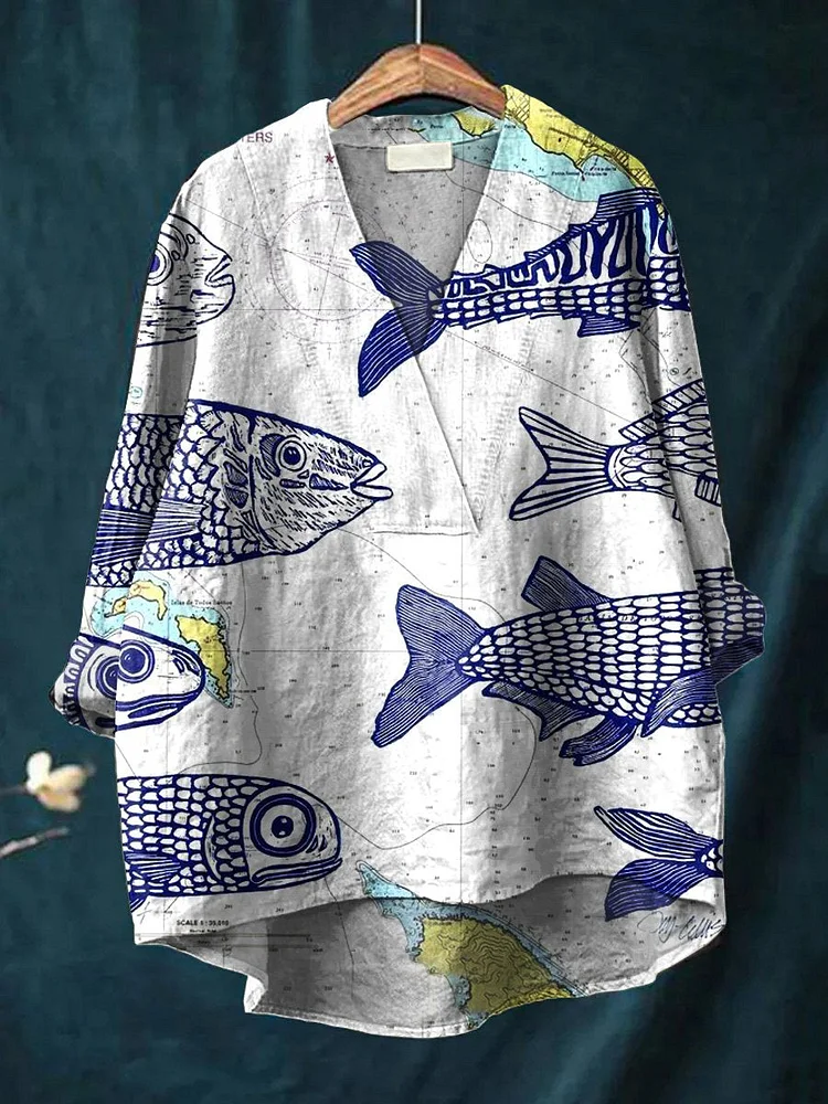 Women's Japanese Fish Art  Print Casual Cotton And Linen V-neck Shirt
