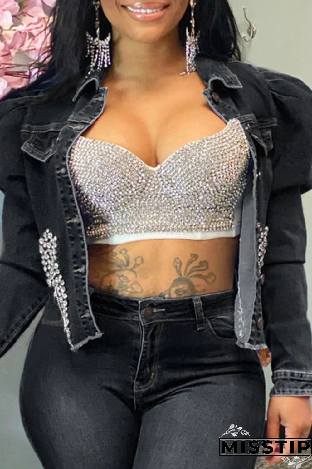 Black Casual Solid Beading Long Sleeve Denim