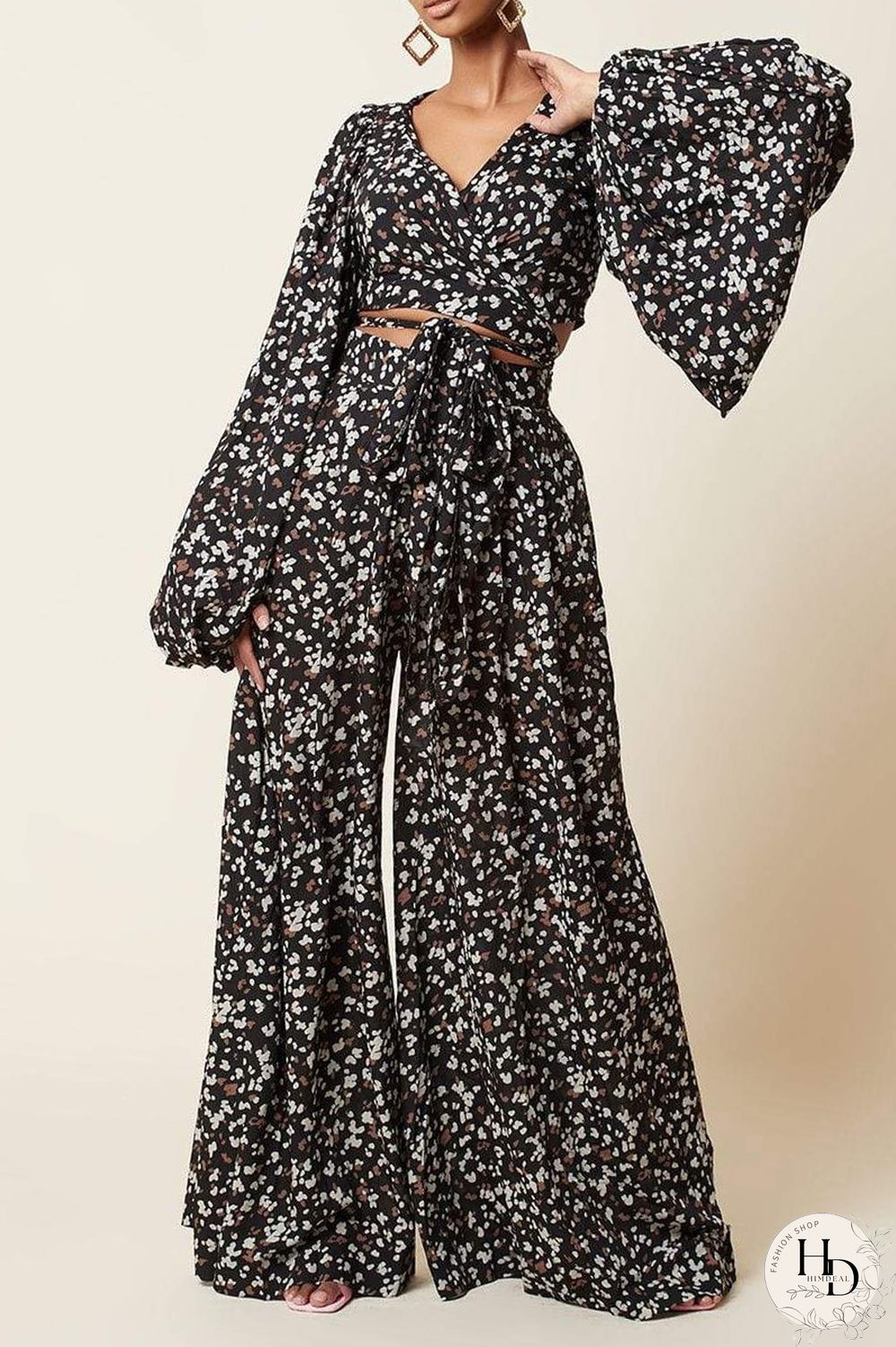 Black Fashion Casual Print Bandage V Neck Long Sleeve Two Pieces