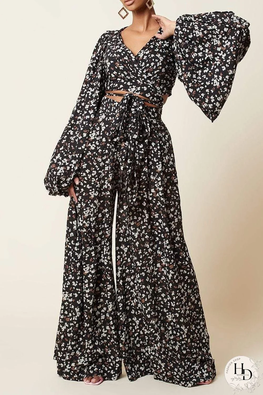 Black Fashion Casual Print Bandage V Neck Long Sleeve Two Pieces