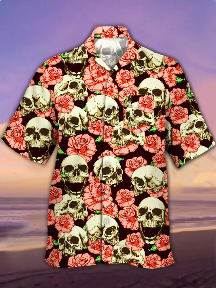 Men's Horror Skull Cuban Collar Print Shirt PLUSCLOTHESMAN