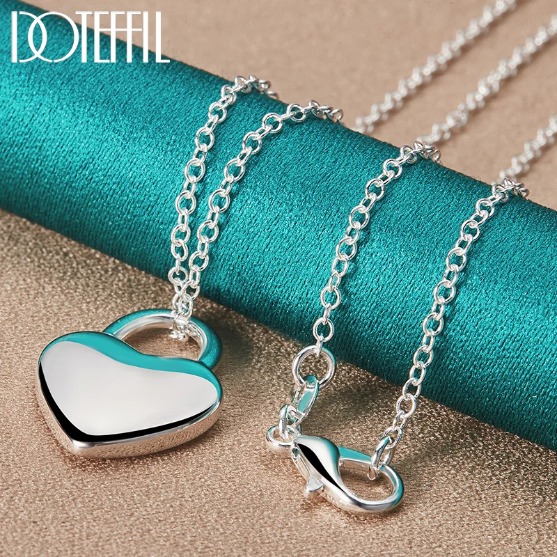 DOTEFFIL 925 Sterling Silver Square/Heart Lock Pendant Necklace 16-30 inch Chain For Women Man Jewelry