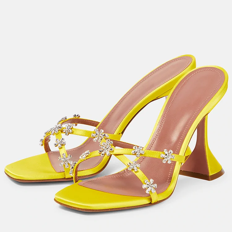 Yellow Square Toe Rhinestones Shoes Women'S Office Stiletto Heels Elegant Sandal Mules |FSJ Shoes
