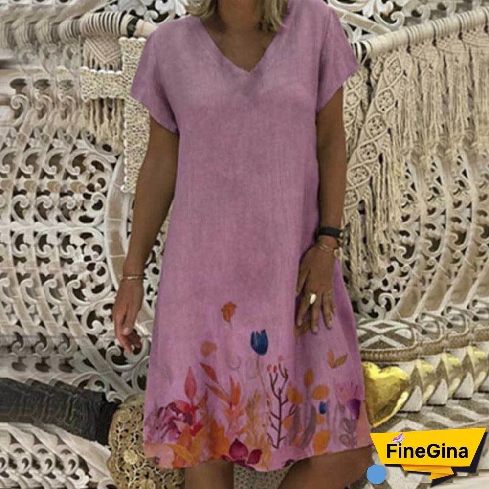 Short Sleeve V Neck Printed Beach Dress