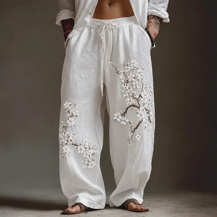 Men's White Almond Blossom Flowy Wide Leg Linen Pants