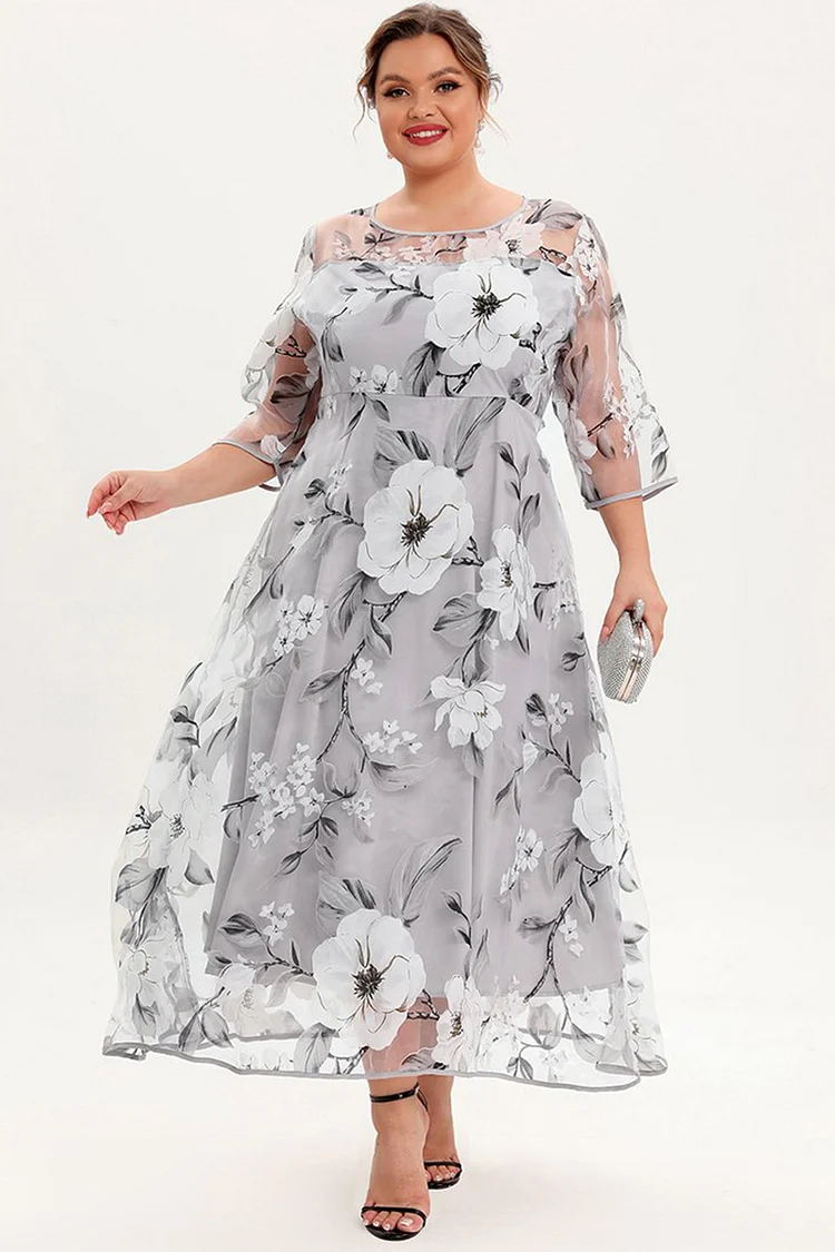 Flycurvy Plus Size Mother Of The Bride Grey Floral Print Mesh Layered A ...