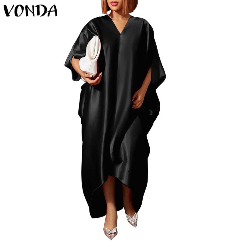 VONDA Women Long Dress Casual Half Bat Sleeve V Neck Sexy Asymmetrical Party Dresses 2022 Summer Satin Slik Bohemian Vestidos