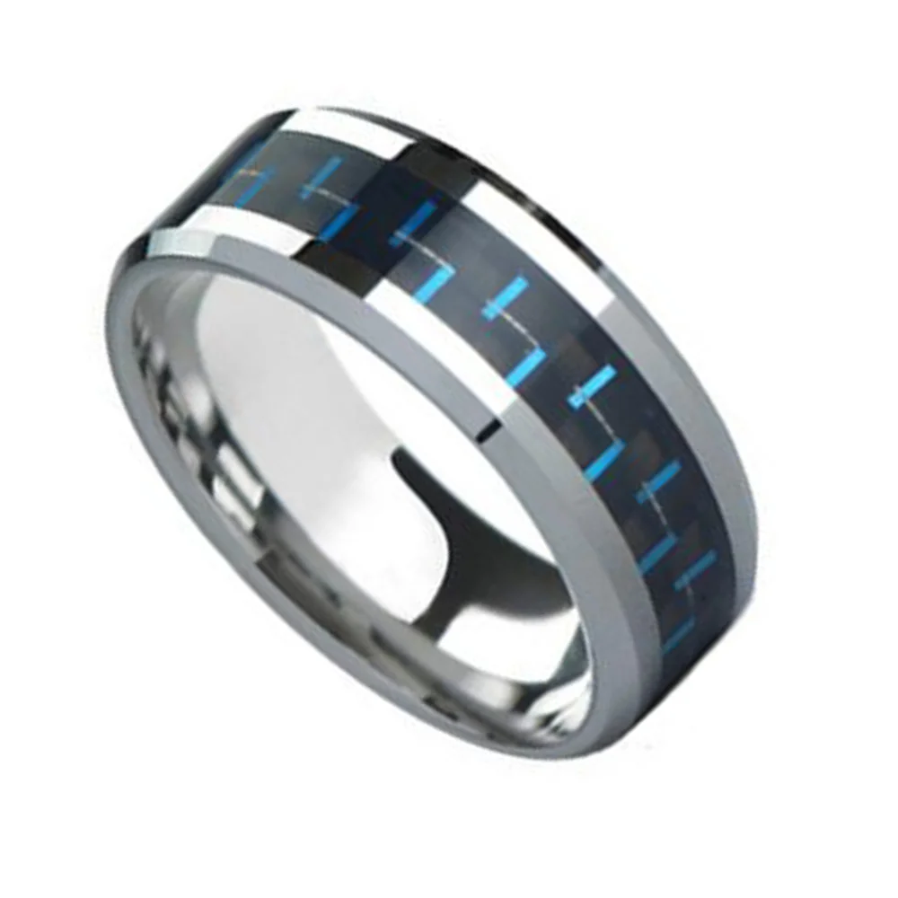 6MM 8MM Mens Blue Carbon Fiber Tungsten Rings Beveled Edge