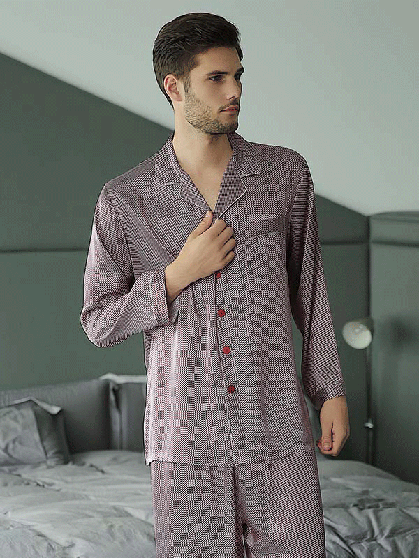 Plain Color Full Length Silk Pajamas Set For Men