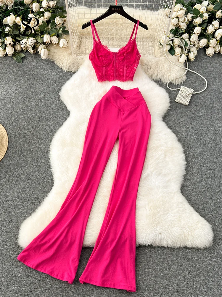 Huibahe Hotsweet Sexy Sets Strap Sleeveless Lace Tops+High Waist Flare Pants Women Fashion Solid Vacation Style Summer Suits