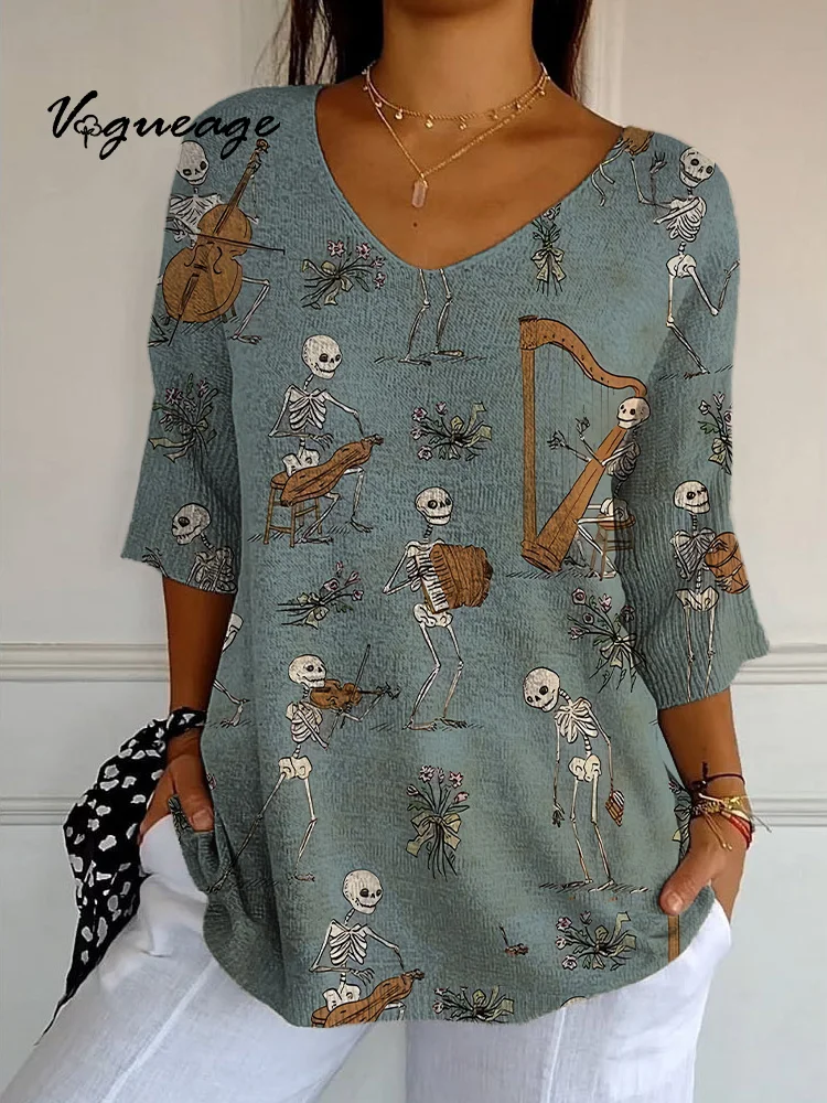 Halloween Funny Music Skull Printed Knitted Sweater