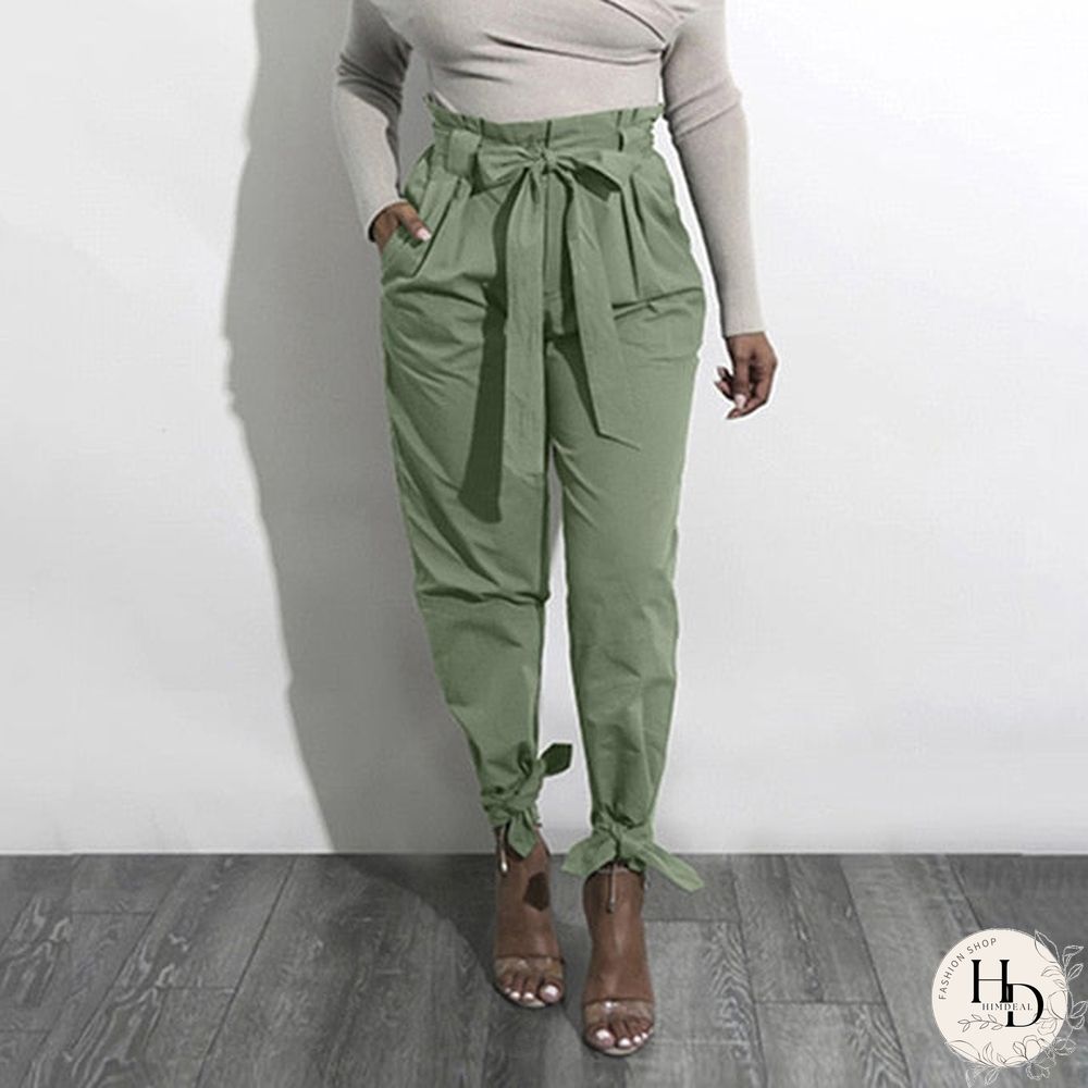 Loose Bow Tie Ruffles Women Pants Casual Solid High Waisted Belt Pocket Spring Women