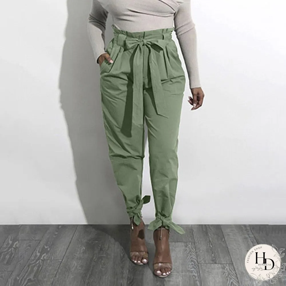 Loose Bow Tie Ruffles Women Pants Casual Solid High Waisted Belt Pocket Spring Women