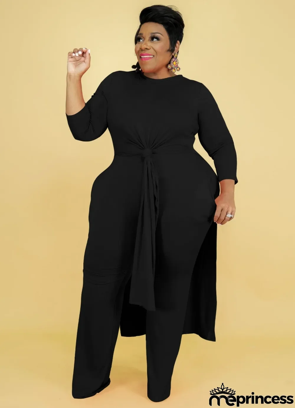 Fall Plus Size Solid Black Round Neck Split Long Top and Matched Two Piece Pants Set