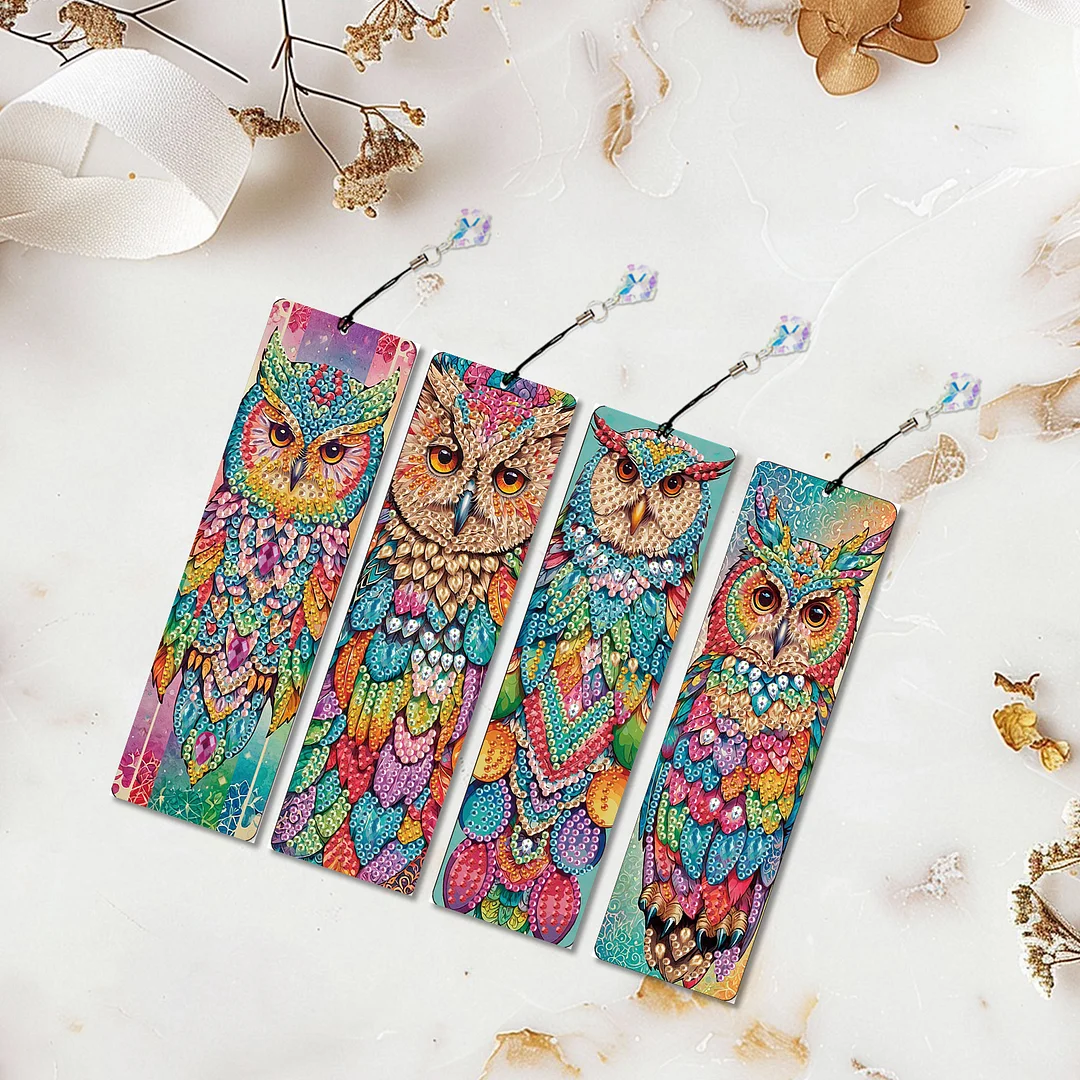 4Pcs Colorful Owl DIY Diamond Bookmark Art Projects Irregular Shaped Diamonds Diamond Painting Art Bookmarks with Crystal Pendants for DIY Making Beginners Adult Art Craft Supplies