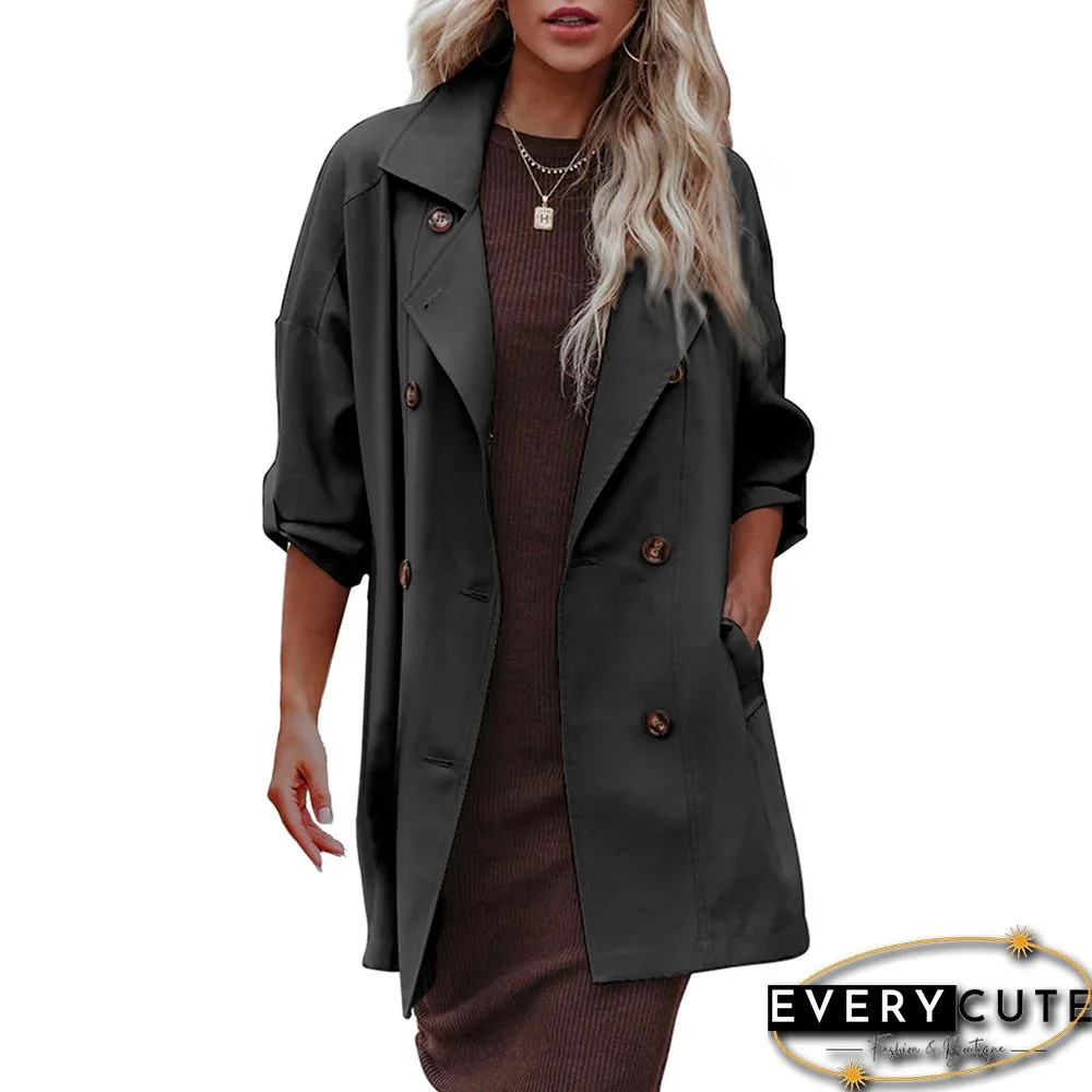 Black Turndown Collar Lightweight Pocket Trench Coat