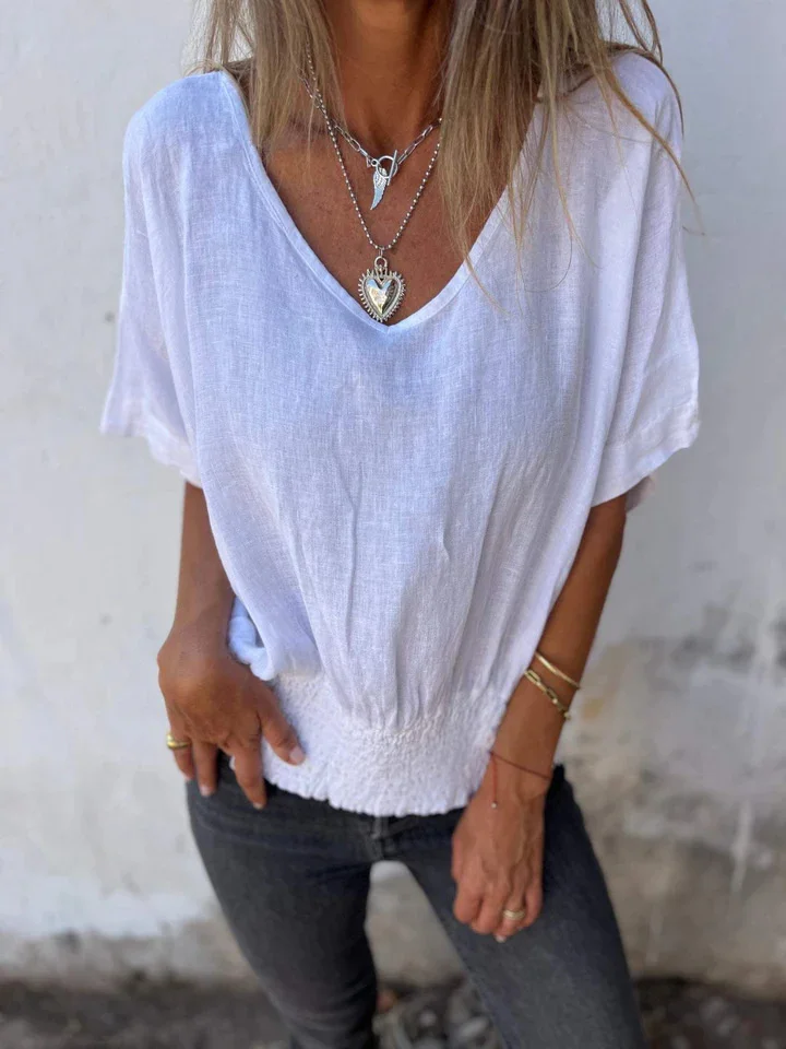 Women's Summer New Loose T-shirt V-neck Casual Cotton and Linen Solid Color Tops-JRSEE