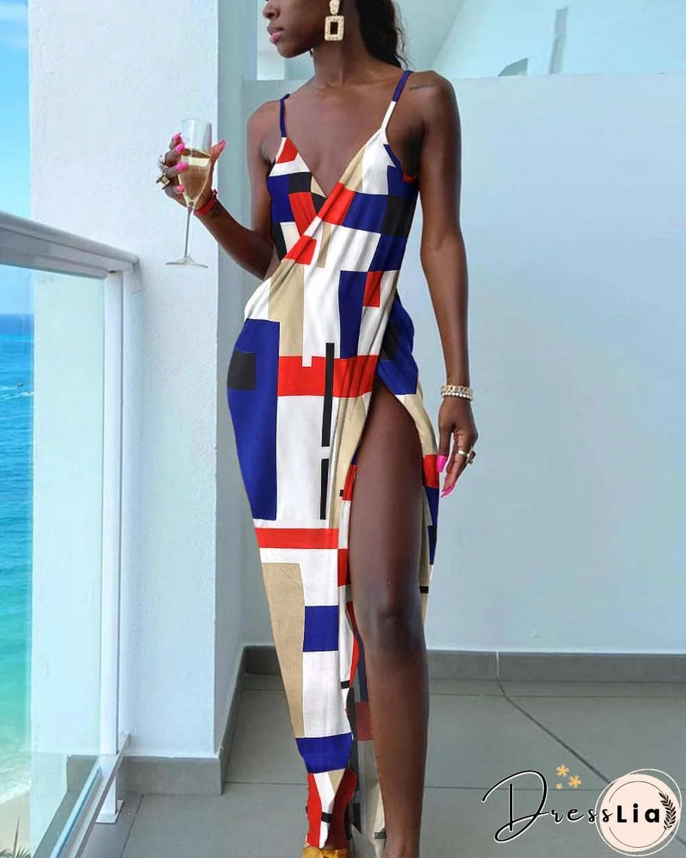 Graphic Print Solid Strap Sleeveless Loose Slit Midi Dress