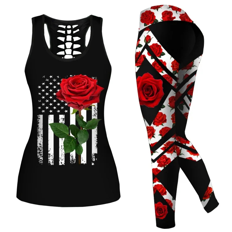 Rose Printed Hollow Tank + Legging
