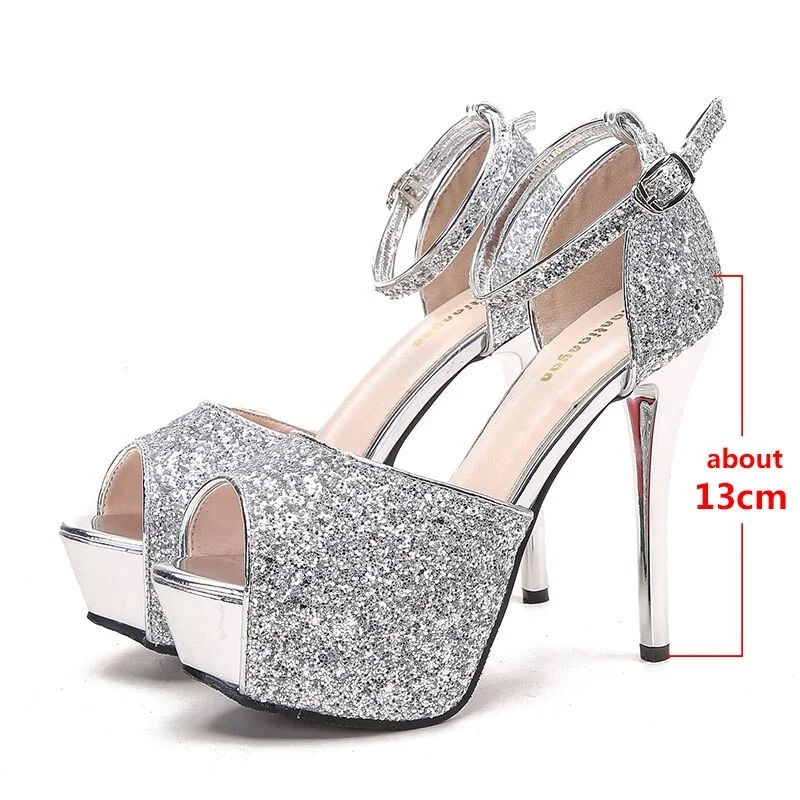 Qengg sandals peep toe heels silver shoes glitter heels mary jane shoes tacones extreme high heels stilettos shoes for women