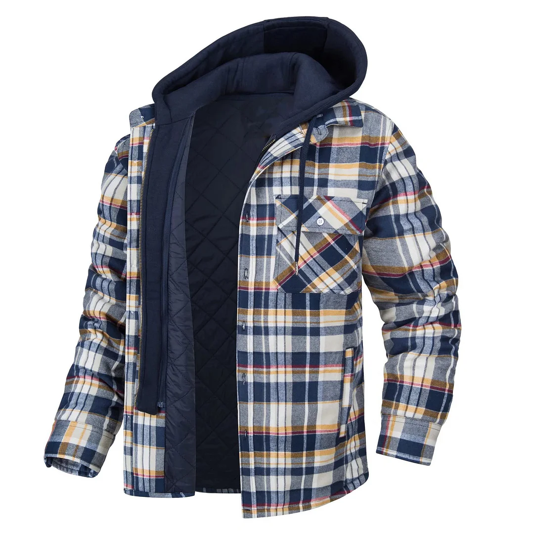 Men's Plaid Jacket Long Sleeve Checkered Hooded Warm Thick Jacket Coat