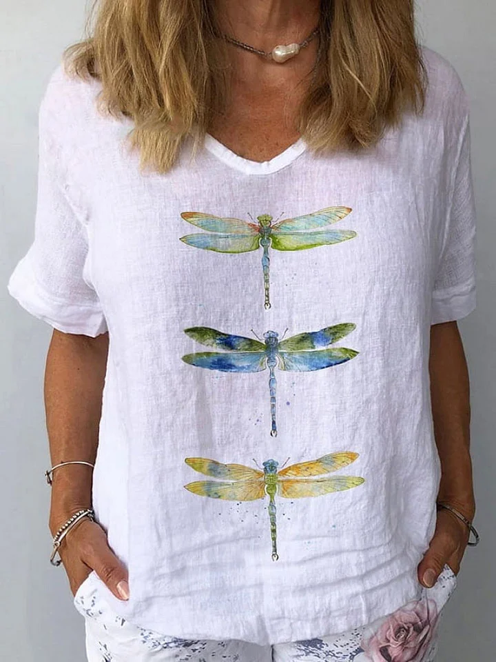 Women's Artistic Flower Pattern Cotton and Linen Short Sleeve Top