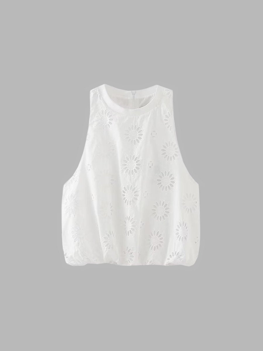 Round Neck Embroidery Hollow out Tank Tops