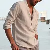 Men's Shirt Linen Shirt Maroon Shirt Solid Color V Neck White Black Gray Wine Army Green Long Sleeve Daily Vacation Tee by Inlyline