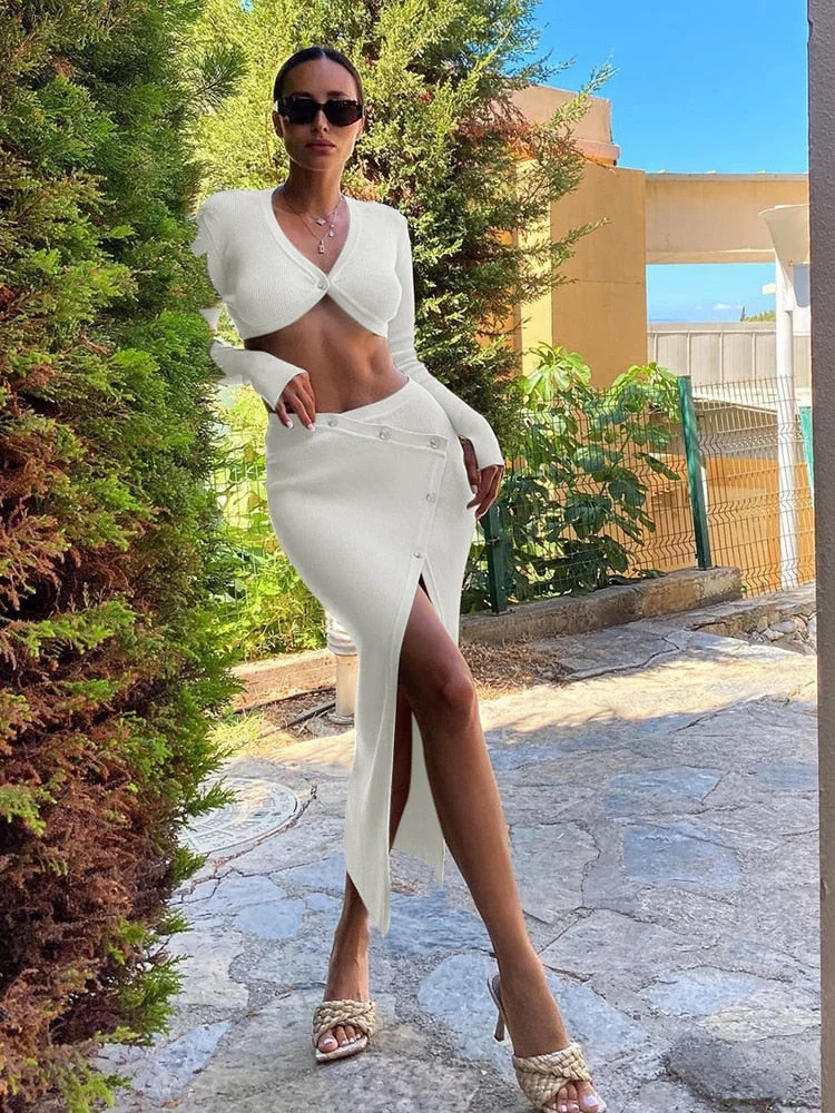WannaThis Knitted 2 Piece Set Women Button V Neck Long Sleeve Waist Tops Button Skirts Women Sexy Slim Split Elegant Skirts Set
