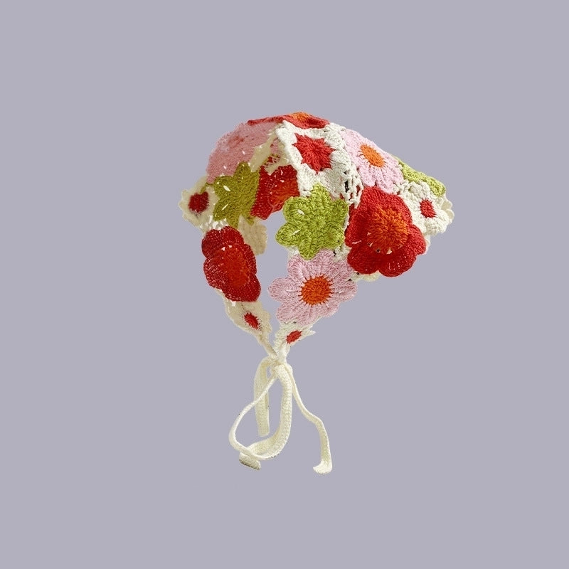 Sweet Handmade Mushroom Strawberry Crocheted Scarf French Triangle Scarf Closed Toe Women’s Net Red Knitted Hair Band Headband