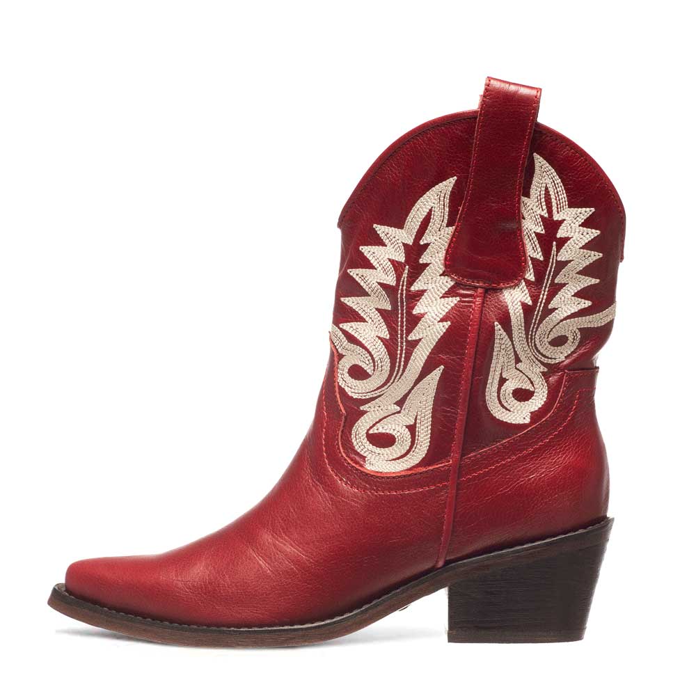 Red Vegan Leather Pointed Toe Chunky Heel Embroidered Cowgirl Boots Nicepairs