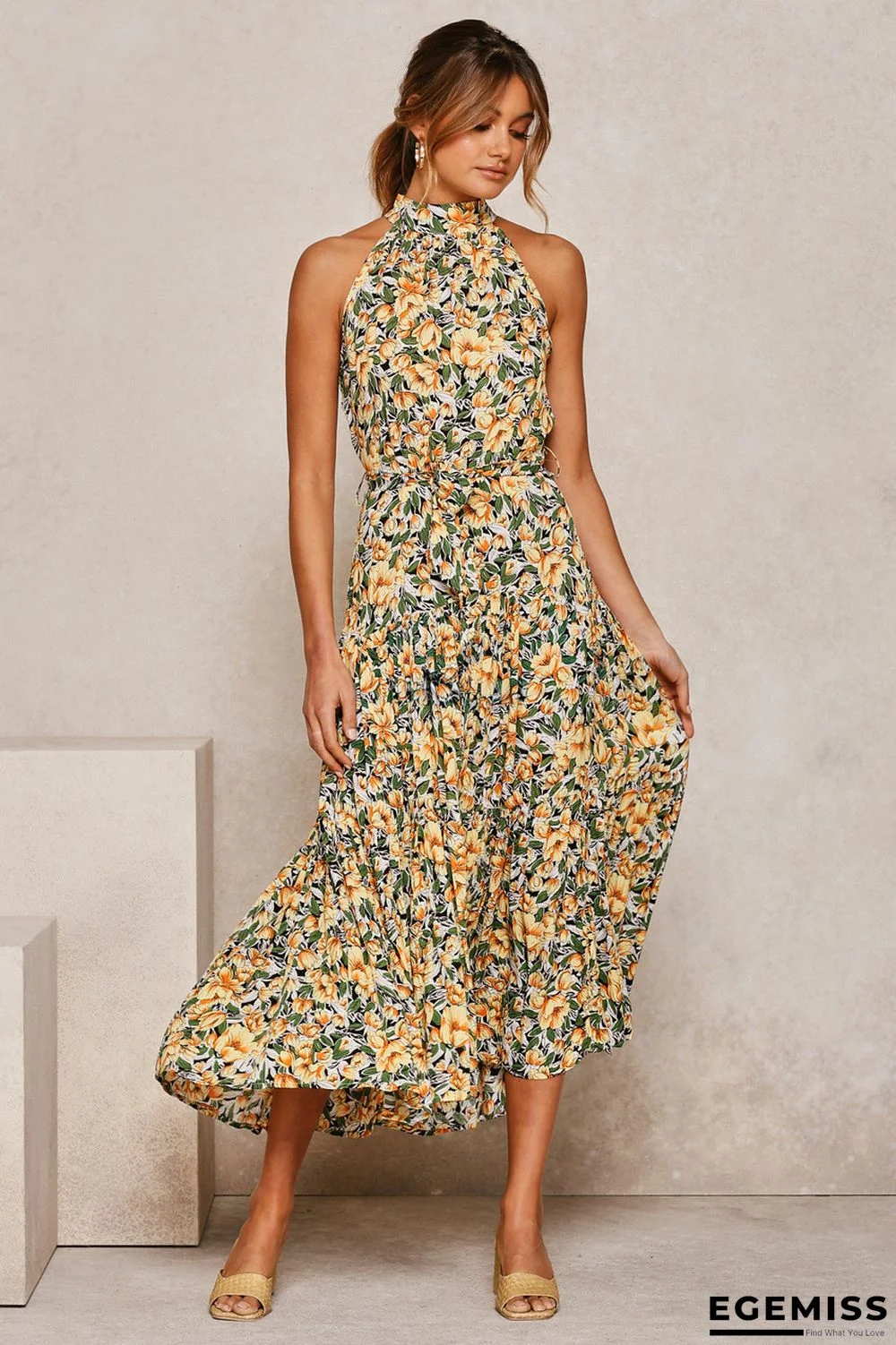 Neck Print Lace-up Dress | EGEMISS