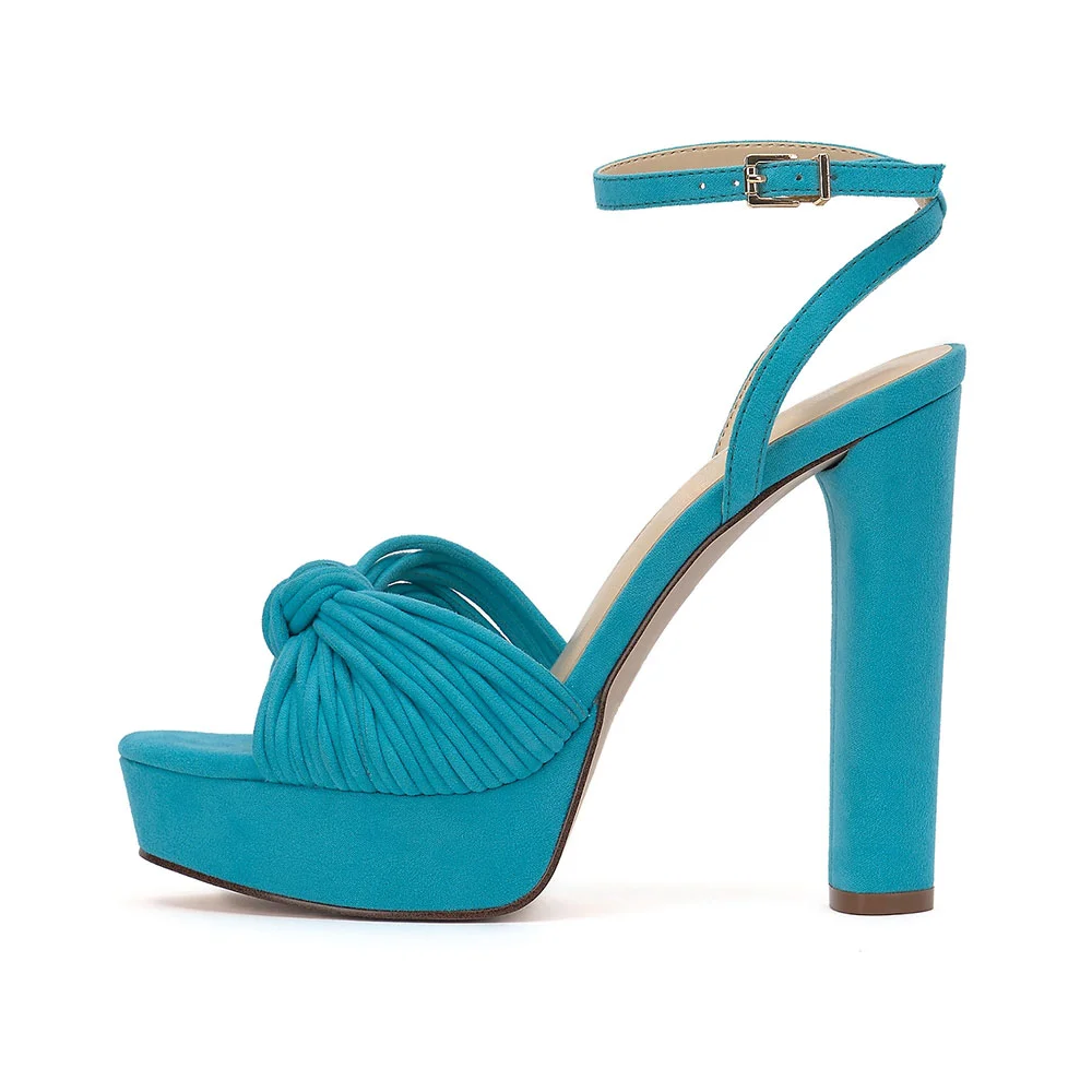 Turquoise Round Toe Ankle Strap Platform Heel Sandals with Knot