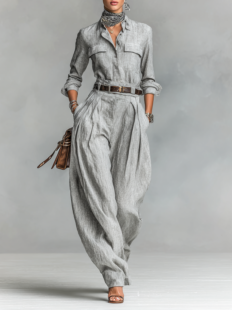 Women's Cotton-linen Blend Long-sleeved Shirt And Trousers Two-piece Set (belt Not Included)MDA3105G6Y