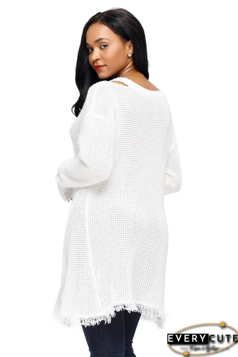 White V Neck Waffle Knit Sweater