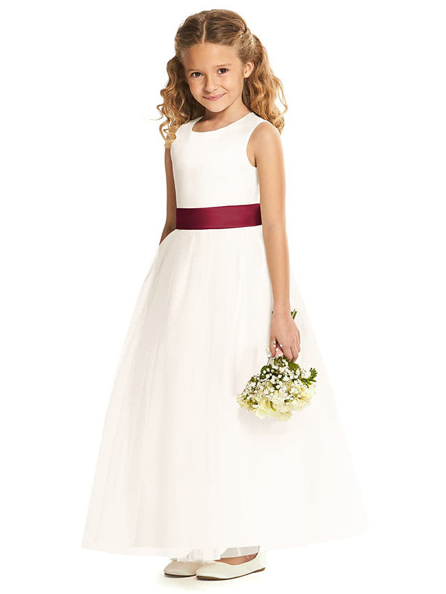 Oknass A-Line Sleeveless Jewel Neck Floor Length Flower Girl Dress Tulle  With Pleats 