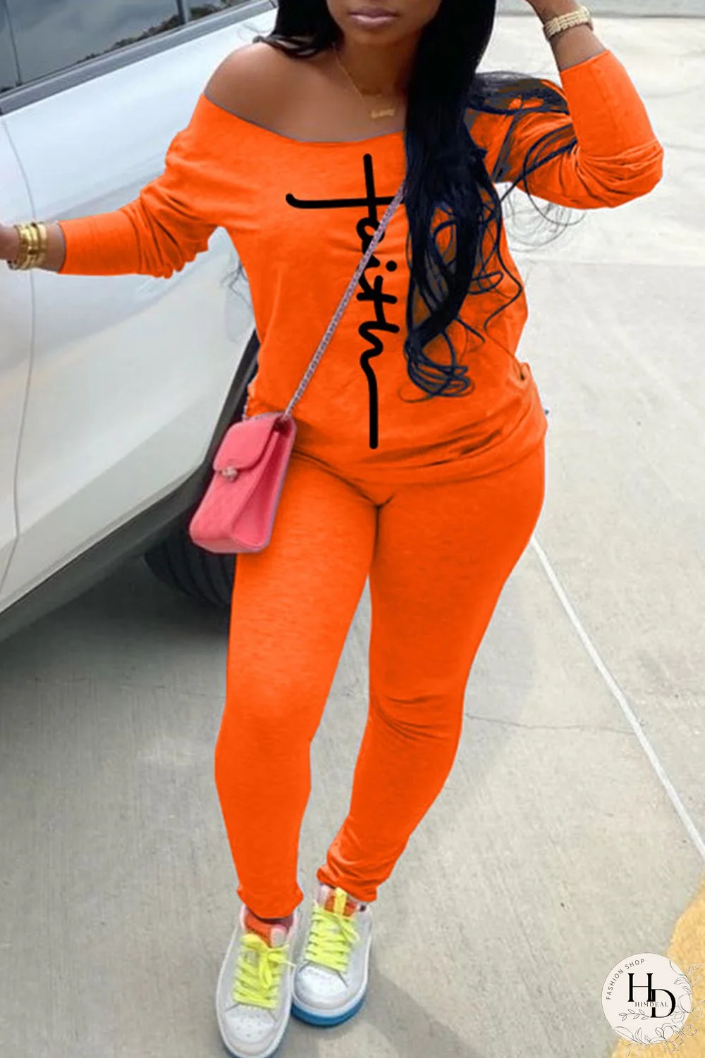 Orange Fashion Casual Print Basic Long Sleeve Two Pieces