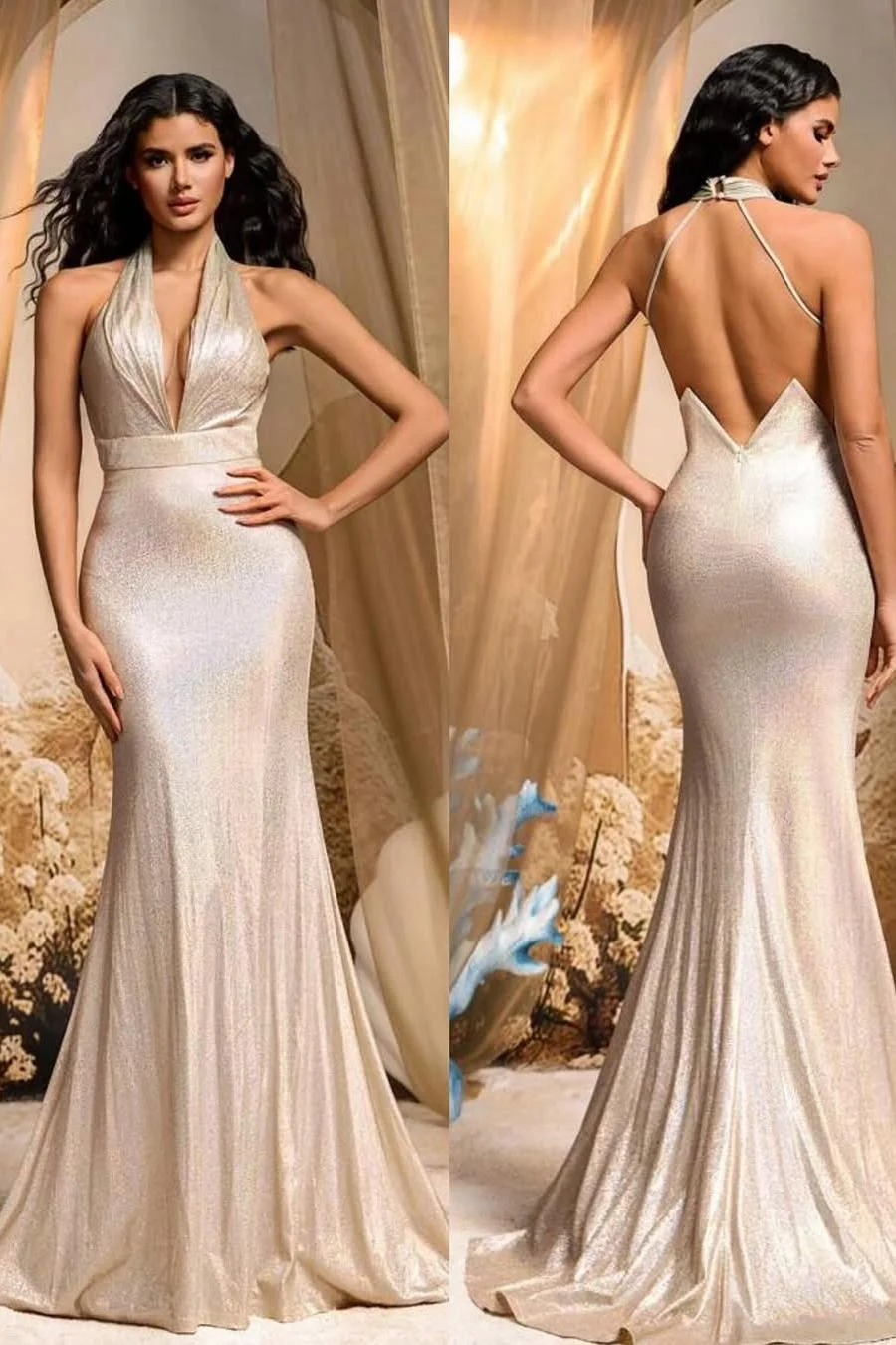 Miabel Beautiful Champange Halter Sleeveless Backless Mermaid Prom Dress with Pleated 