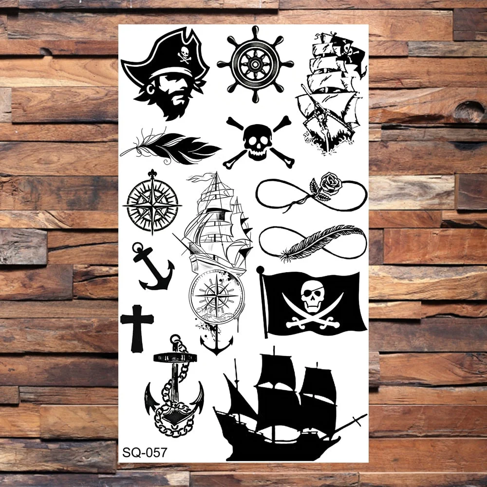 Black Compass Anchor Temporary Tattoos For Adults Men Realistic Pirate Ship Endless Flower Fake Tattoo Sticker Back Arm Tatoos