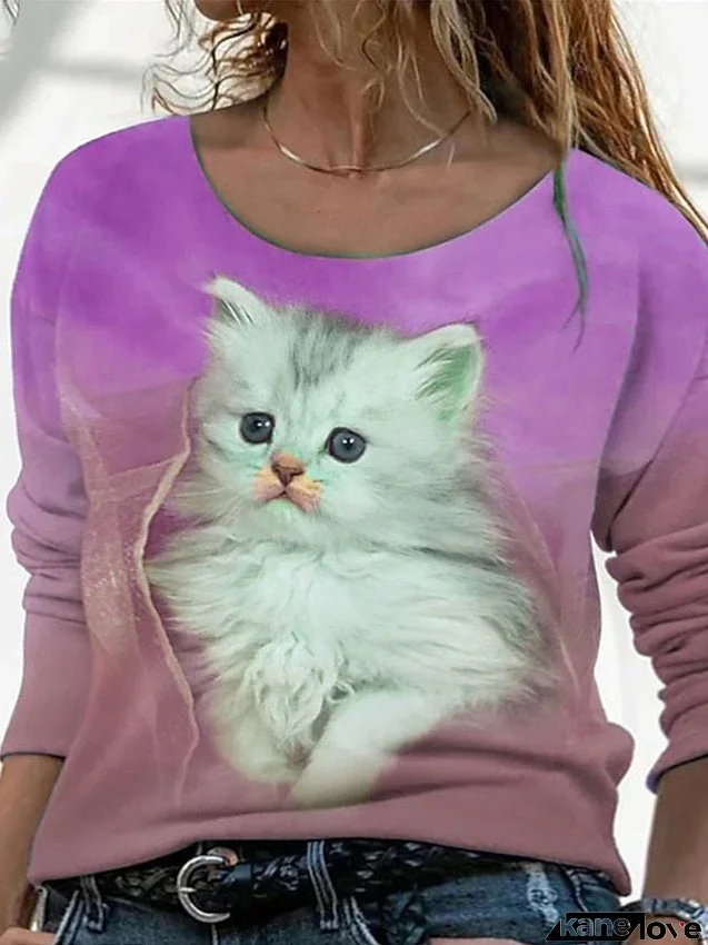 T shirt Tee Hoodie Sweatshirt Red Blue Purple Animal Cat Print Long Sleeve Daily Sports Streetwear Hoodie Crewneck Regular L for Women