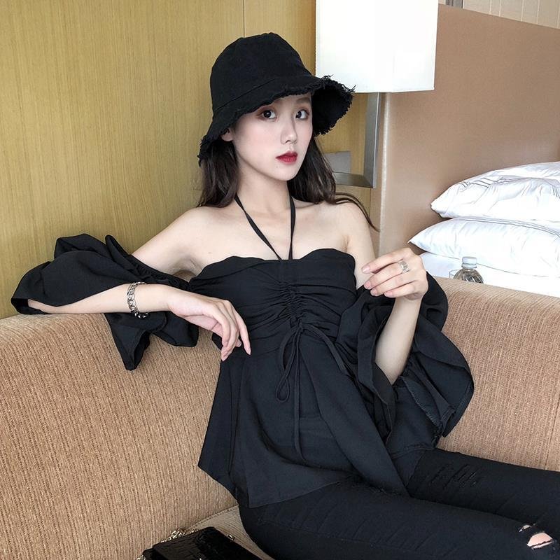 Puff Sleeve Off Shoulder Sexy Top Women Halter Backless White Shirt Blouse Tunic Ruffle Tops Clothes Solid Color