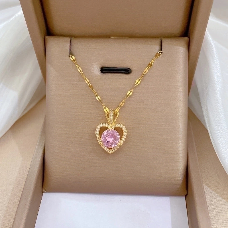 2 Pieces Fashion Heart Shape Butterfly Titanium Steel Copper Inlay Artificial Diamond Pendant Necklace