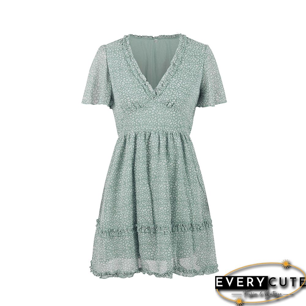 Light Green Layered Ruffle V Neck Floral Dress