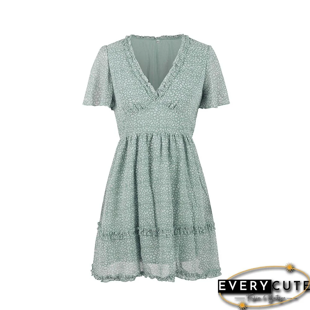 Light Green Layered Ruffle V Neck Floral Dress