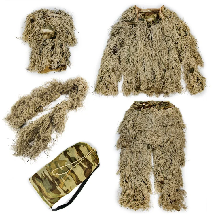GUGULUZA 3D Premium Camouflage Ghillie Suit Hunting Sniper Khaki Clothing 4pcs+Bag