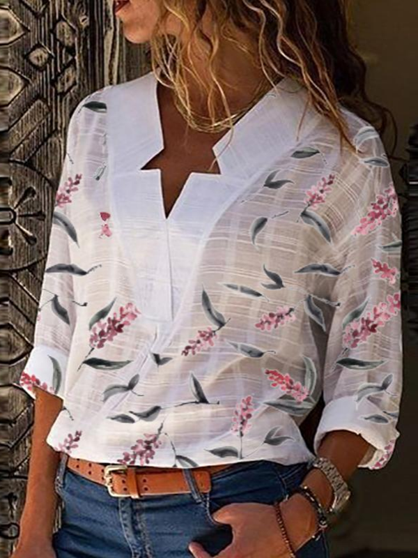 Casual V Neck Printed Long Sleeve Shirts & Tops